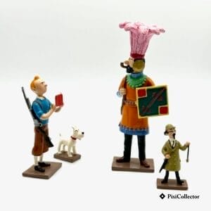 Pixi figurine Tintin en métal Demande Permis de chasse (réf. 46251) – vue de face. 4 personnages: Tintin, Milou, Capitaine Haddock, Professeur Tournesol.