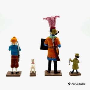 Pixi figurine Tintin en métal Demande Permis de chasse (réf. 46251) – vue de dos. 4 personnages: Tintin, Milou, Capitaine Haddock, Professeur Tournesol.