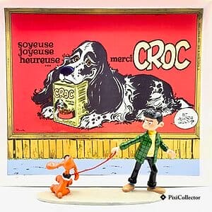 Figurine Pixi Boule et Bill «Les Gag Affiche "Croquettes Croc"» (réf. 3405) – vue de face avec le décor de la boîte